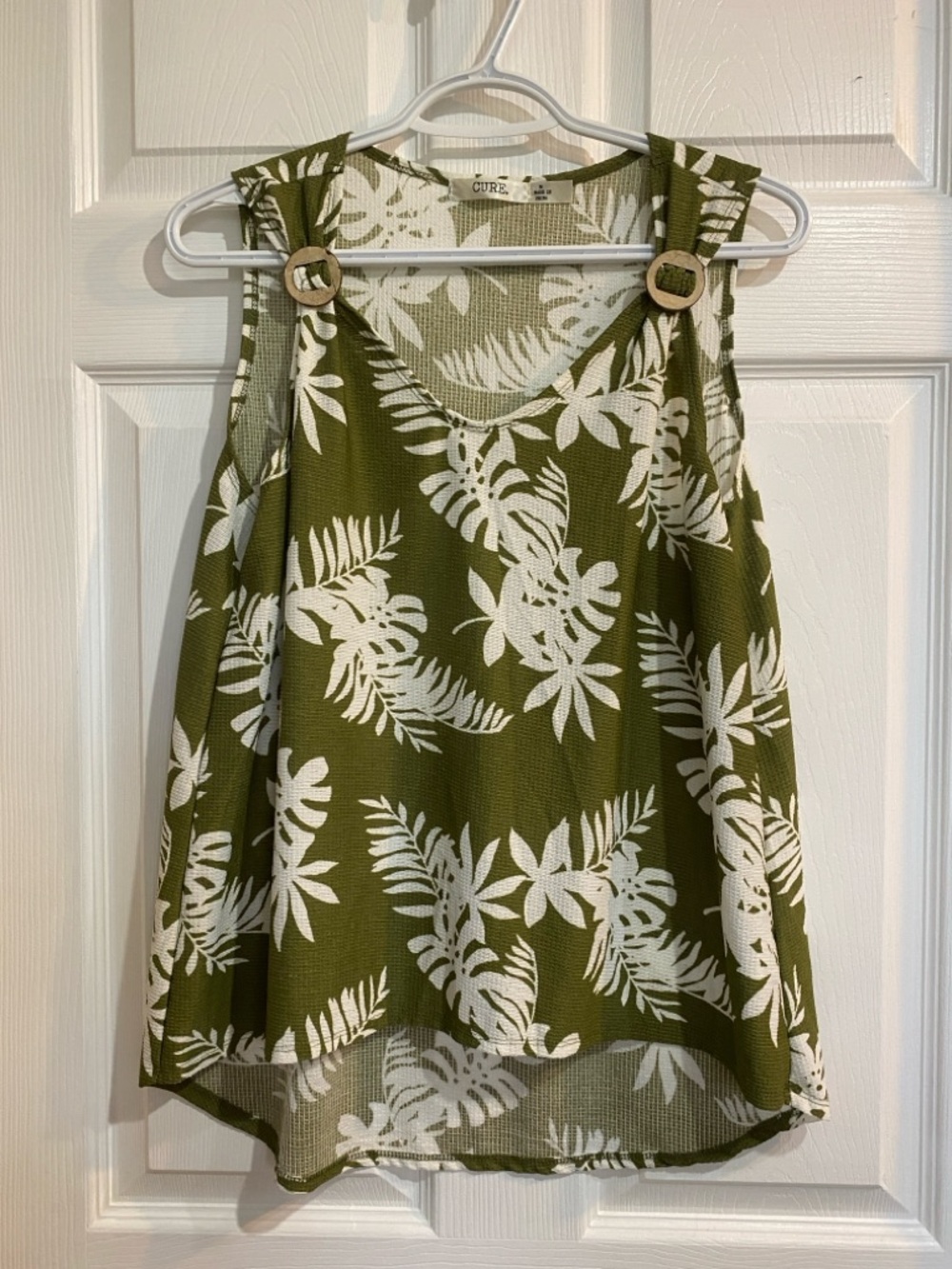 Cure Olive Green Tropical Print Tank Top with Button-Strap Detail
